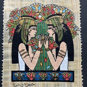 Vintage Hand Painted Egyptian Papyrus Nekhbet Vulture Goddesses 6x8”